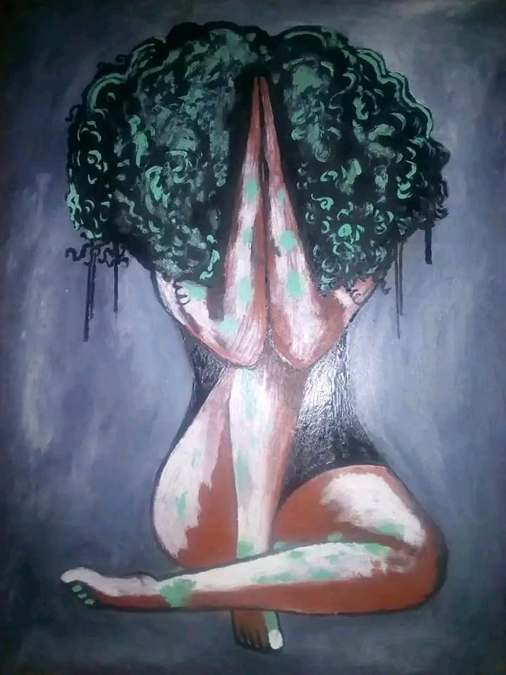 The picture is a natural painting depicting how the African culture is diminishing, as a result of fashion. 
The painting is showing a young lady who is in depression. It is an expression that despite a situation, it's important to keep our cultural values.
Drawn by Emmanuel Samu