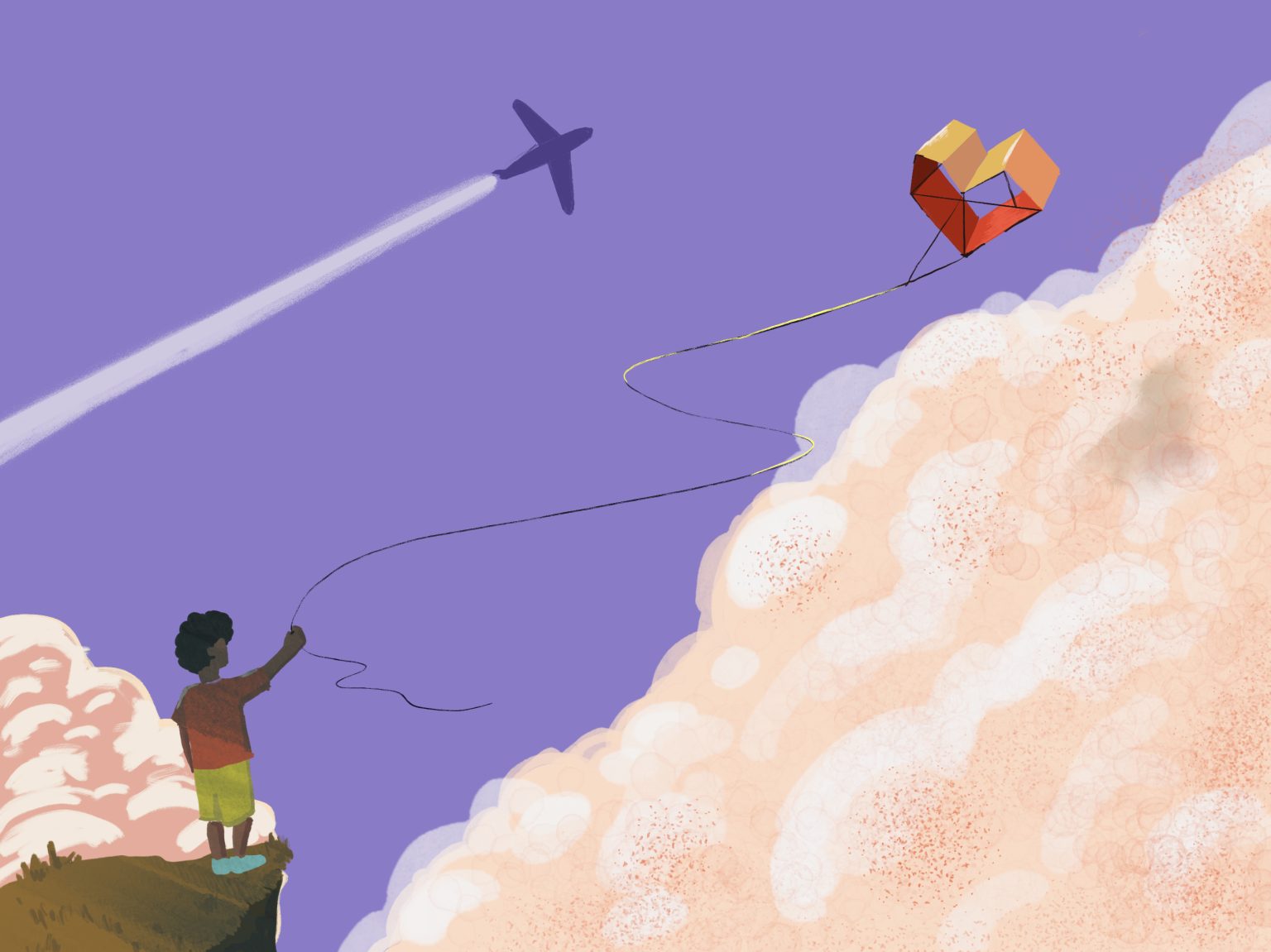 My artwork tells the a little boy flying his heart-shaped kite to ask for help. He hopes that someday, the big planes will see his kite and come to help him and his village. 
It is my way of showing hope hanging by a thread.