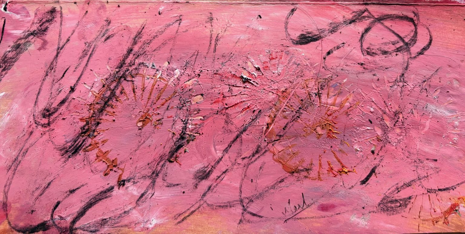 A heavily textured abstract in rose and coral pinks, scored through with looping charcoal lines and two burst-like forms in rust and ochre that radiate outward like seed heads or small explosions.