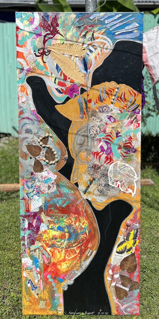 "Bilum bilong Bebi i tambu" is a mixed media work weaving threads of divine womanhood and Biblical wisdom, reflecting my personal journey and a collective fabric of identity across Papua New Guinea and the Commonwealth.