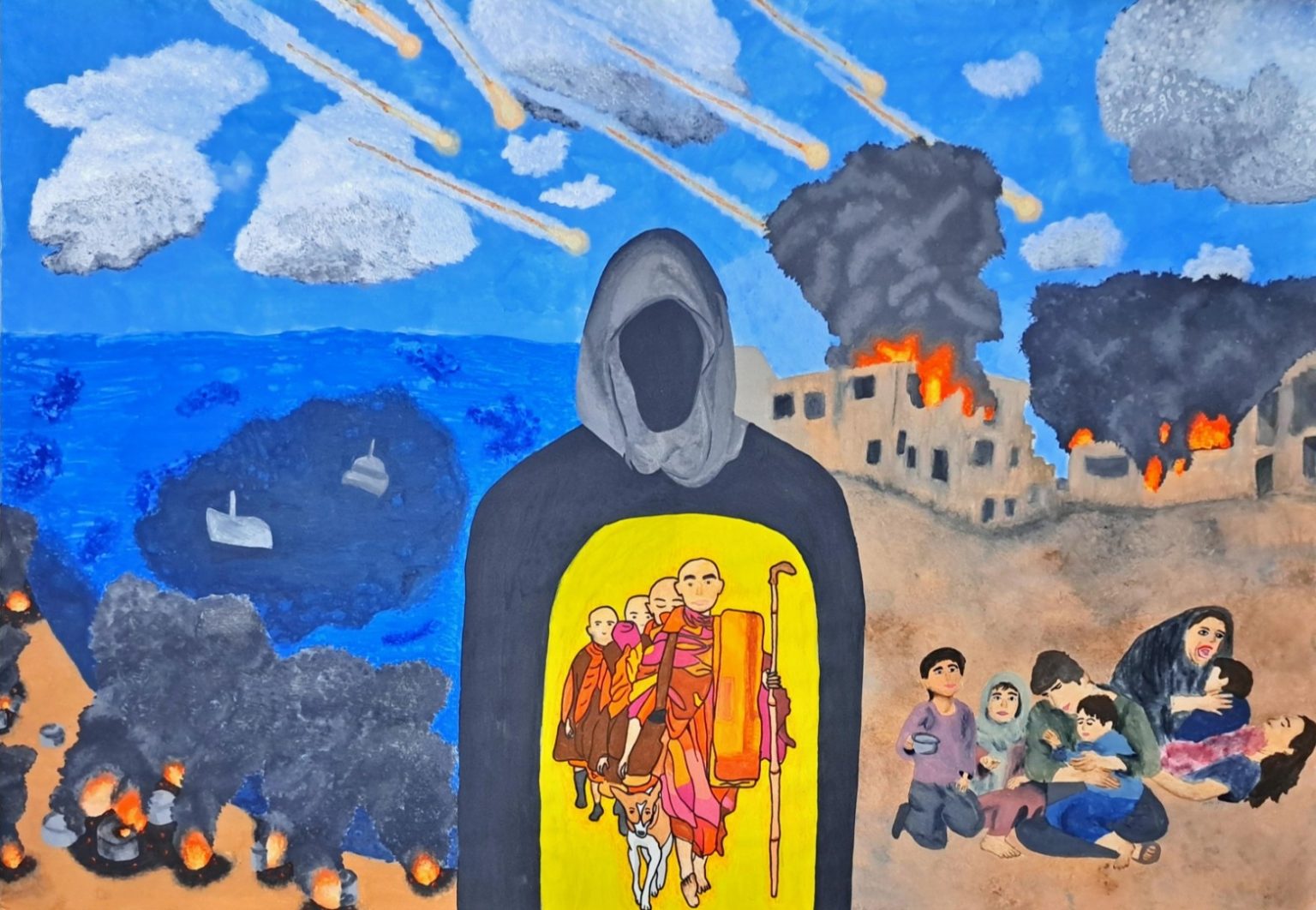 This depicts the suffering of the innocent children with no food or water and the people who have lost their loved ones is portrayed as well as the oil spills in the ocean from bombed ships and oil wells. However, peace is still fought for, depicted through the Walk For Peace.