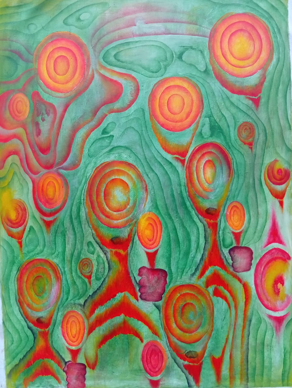 Orchestra 2 is a painting in acrylic medium, and it basically demonstrates how musical sound reaches out to other features of nature, in this case, planetoids, and cause them to resonate along.  In connotative sense, art brings together people of different backgrounds.