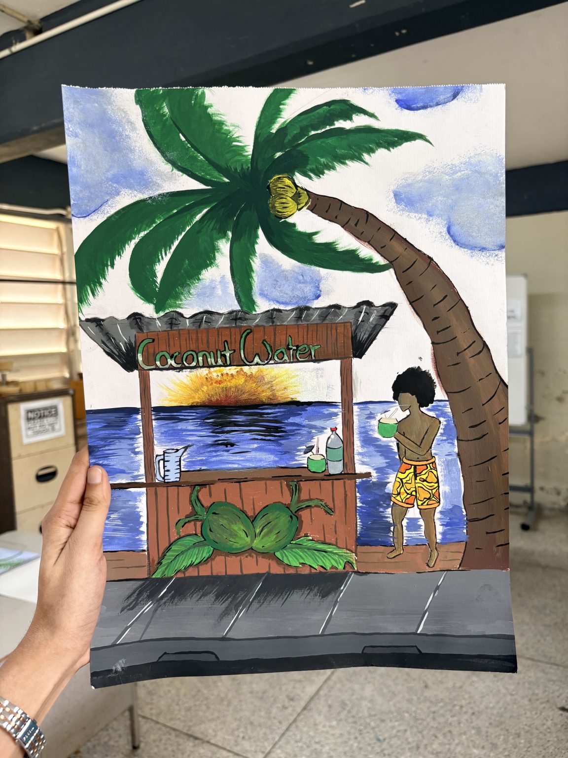 A vibrant tropical scene celebrating the beauty of coastal life. A coconut water stand overlooks the ocean at sunset, framed by a swaying palm tree. Rich colors and bold brushstrokes capture a moment of relaxation, refreshment, and the peaceful charm of island living.
