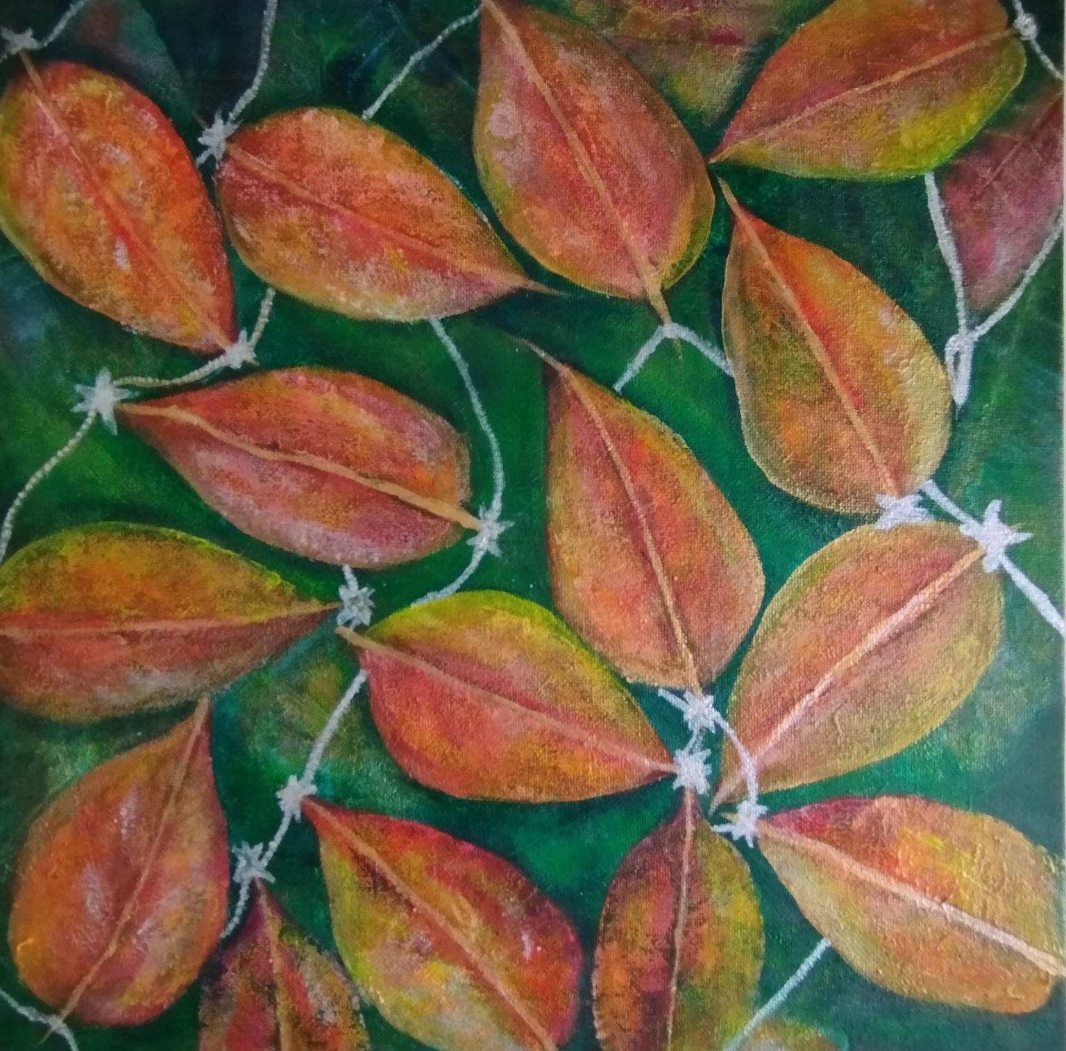 Botanical leaf prints on an emerald backdrop represent our shared global environment. Intricate hand-painted white threads loop and knot from leaf to leaf, turning the canvas into a symbolic quilt block celebrating unbreakable bonds that stitch diverse communities together.
