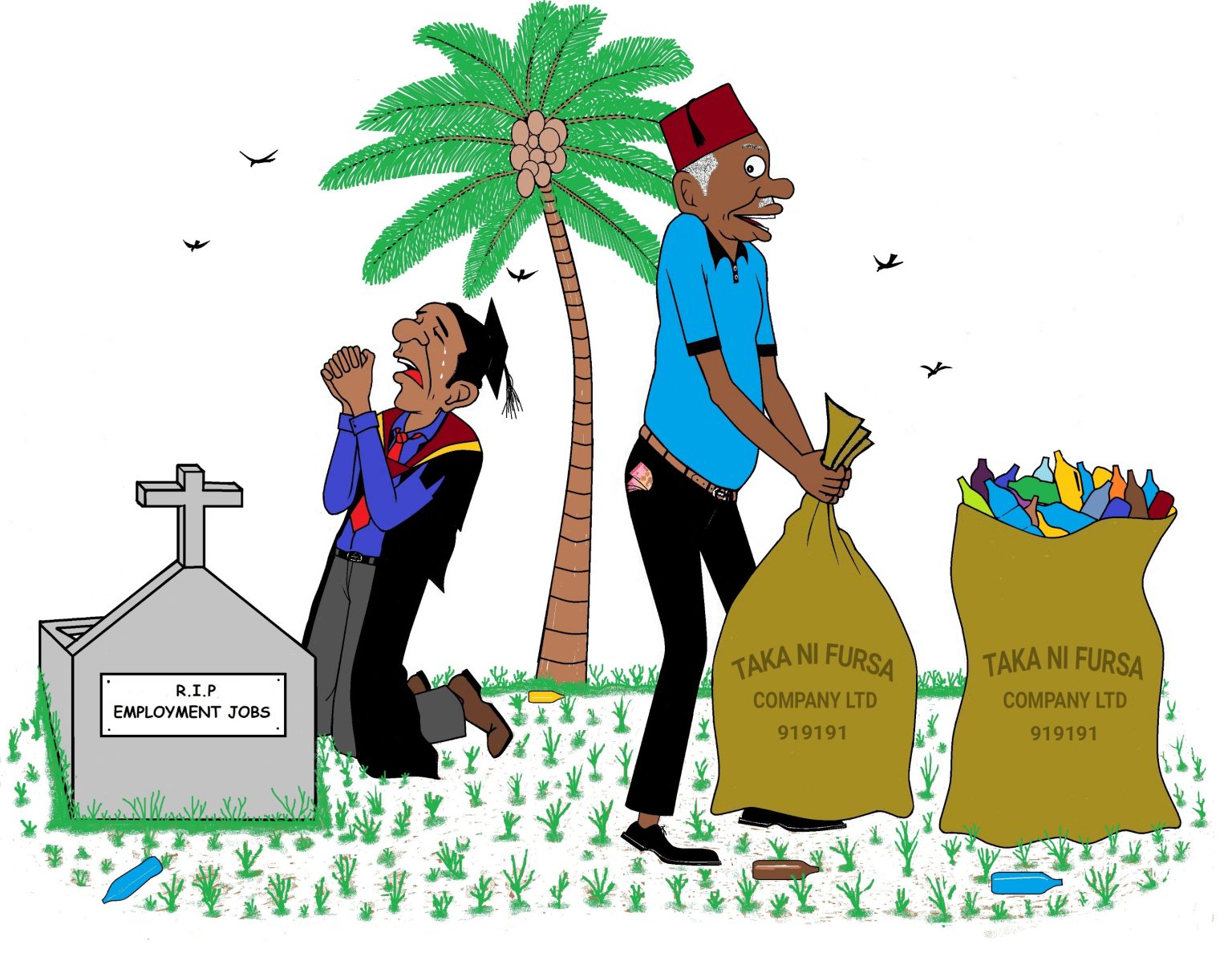 Artwork portrays the idea that the problem of unemployment among educated youth in Africa is not merely caused by lack of official jobs, but a negative mental attitudes that leads to a limited access to the material resources that are already available around for self-employment.