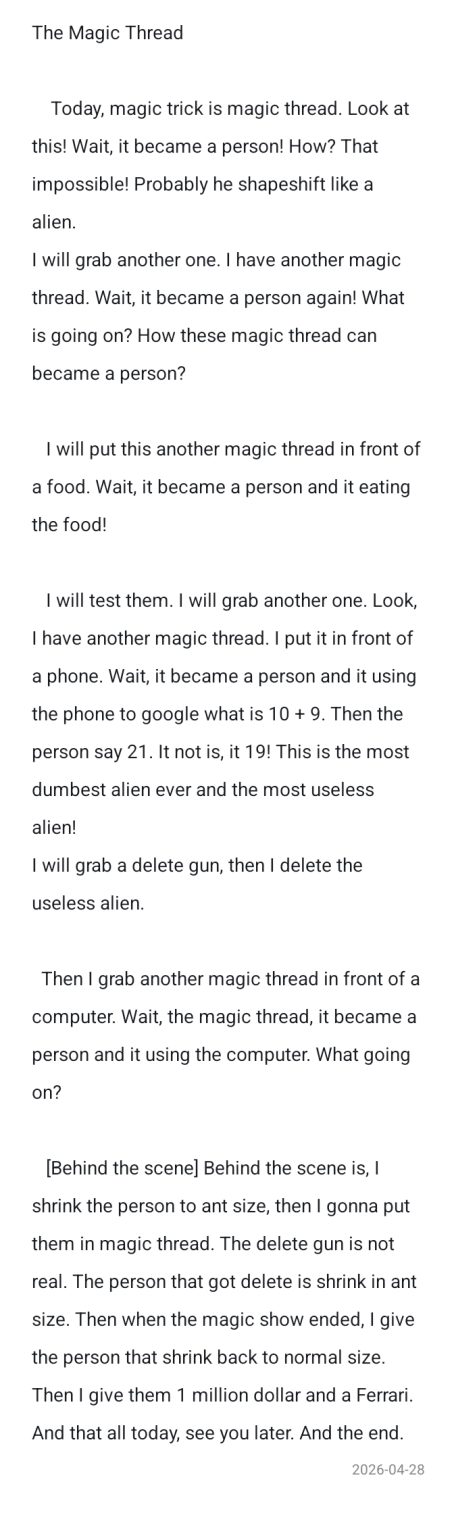 A 9-year-old boy from Malaysia discovers that magic threads keep transforming into people. Each person does something unexpected. With a surprising twist at the end, this playful story shows how something simple can become extraordinary.